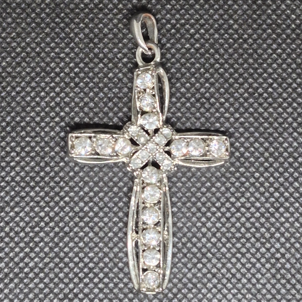 CROSS PENDANT Silver Tone with Sparkling Clear Rhinestones